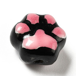 Noir Perles de porcelaine imprimés faits à la main, empreintes de pattes, noir, 13.5x15x9.5mm, Trou: 1.8mm