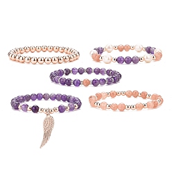 Mixed Color 5Pcs 5 Style Natural Amethyst & Sunstone Round Beaded Stretch Bracelets Set, Wing Alloy Charms Stackable Bracelets for Women, Mixed Color, Inner Diameter: 2-1/8~2-1/4 inch(5.3~5.6cm), 1Pc/style