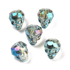 Cyan Galvanoplastie perles de chalumeau faites à la main transparentes, crâne facettes, cyan, 15~15.5x13~13.5x14~14.5mm, Trou: 1.6mm, 5 pcs /sachet 