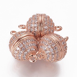 Rose Gold Brass Micro Pave Cubic Zirconia Magnetic Clasps with Loops, Round, Clear, Rose Gold, 15~15.5x10mm, Hole: 1.4mm