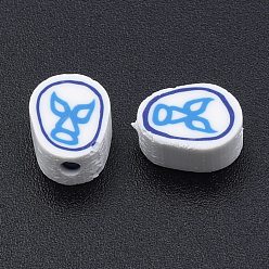 Dodger Blue Handmade Polymer Clay Beads, Oval with Mask Pattern, Dodger Blue, 10x8.5x4.5mm, Hole: 1.6mm