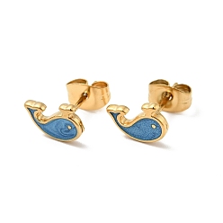 Dodger Blue Enamel Dolphin Stud Earrings with 316 Surgical Stainless Steel Pins, Gold Plated 304 Stainless Steel Jewelry for Women, Dodger Blue, 6x8mm, Pin: 0.8mm