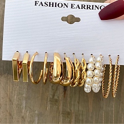 Oro Aretes de aleación rectangulares y ondulados, pendientes de medio aro con perlas de imitación para mujer, dorado, 20~49 mm, 6 estilos, 1 par / estilo, 6 pares / set