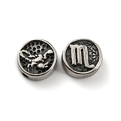 Scorpio 304 Stainless Steel Beads, Flat Round with Twelve Constellations, Antique Silver, Scorpio, 10x4mm, Hole: 1.8mm