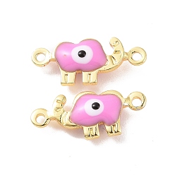 Perlas de Color Rosa Colgantes de conector de esmalte de latón, real 18 k chapado en oro, elefante con patrón de mal de ojo, rosa perla, 6x14.5x3 mm, agujero: 1 mm