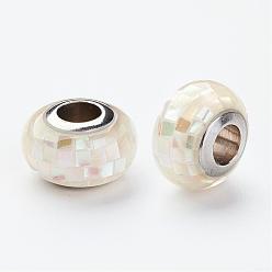 Beige 304 Stainless Steel Resin European Beads, with Shell and Enamel, Rondelle, Large Hole Beads, Beige, 12x8mm, Hole: 5mm