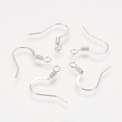 Серебро Латунные французские крючки для серег, плоские крючки для серег, провод уха, с горизонтальной петлей, без никеля , серебряные, 17 мм, отверстие : 2 мм
