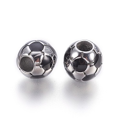 Stainless Steel Color 304 Stainless Steel Enamel European Beads, Large Hole Beads, FootBall/Soccer Ball, Black, Stainless Steel Color, 12.5x12mm, Hole: 5mm