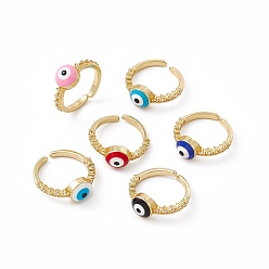 Mixed Color Evil Eye Enamel & Clear Cubic Zirconia Open Cuff Ring, Real 18K Gold Plated Brass Lucky Jewelry for Women, Lead Free & Cadmium Free, Mixed Color, US Size 5(15.7mm)