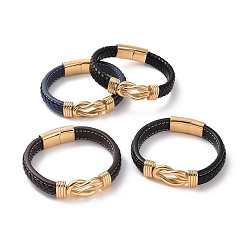 Doré  Placage ionique (ip) 304 bracelet à maillons kont à emboîtement en acier inoxydable, bracelet punk cordon en cuir microfibre avec boucle magnétique pour hommes femmes, or, 8-1/2 pouce (21.6 cm)