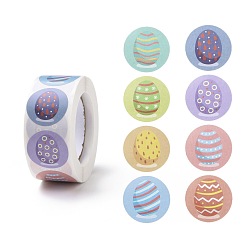 Egg 8 Patterns Easter Theme Self Adhesive Paper Sticker Rolls, with Rabbit Pattern, Round Sticker Labels, Gift Tag Stickers, Mixed Color, Egg Pattern, 25x0.1mm, 500pcs/roll