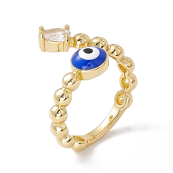 Blue Clear Cubic Zirconia Teardrop & Enamel Evil Eye Open Cuff Ring, Real 18K Gold Plated Brass Jewelry for Women, Lead Free & Cadmium Free, Blue, US Size 5 1/4(15.9mm)