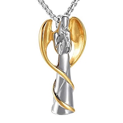 Golden Angel Urn Ashes Pendant Necklace, 316L Stainless Steel Memorial Jewelry for Men Women, Golden, 23.62 inch(60cm)