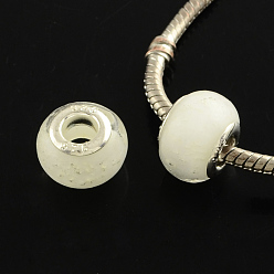 Blanc Rondelle chalumeau grand trou perles européennes, avec noyaux en laiton plaqué couleur argent, blanc, 13~14x10~11mm, Trou: 5mm