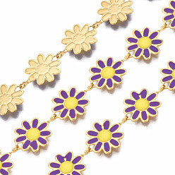 Purple 304 Stainless Steel & Enamel Link Chains, with Spool, Unwelded, Real 16K Gold Plated, Nickel Free, Flower, Purple, 13.5x10x1mm, about 16.4 Feet(5m)/roll