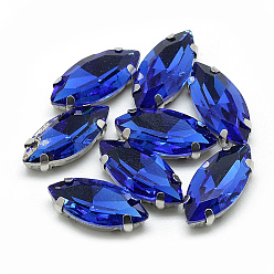 Bleu Royal Coudre sur strass, liens multi-brins, strass de verre, avec réglages de griffes en laiton de ton platine, accessoires de vêtements, facette, oeil de cheval, bleu royal, 14.5x4x4mm, Trou: 0.8~1mm