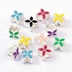 Mixed Color Alloy Enamel European Beads, Large Hole Beads, Flower, Silver Color Plated, Mixed Color, 10x10x8mm, Hole: 5mm