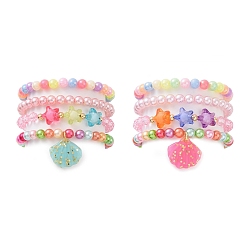 Mixed Color 4Pcs 4 Style Acrylic Star Beaded Stretch Bracelets Set with Shell Shape Charms for Kids, Mixed Color, Inner Diameter: 1-7/8 inch(4.8cm), 1Pc/style
