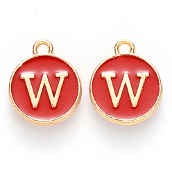 Letter W Golden Plated Alloy Charms, with Enamel, Enamelled Sequins, Flat Round, Red, Letter.W, 14x12x2mm, Hole: 1.5mm, 50pcs/Box