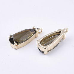 Olive Transparent Glass Pendants, with Brass Findings, Faceted, Teardrop, Light Gold, Olive, 18.5x8.5x6mm, Hole: 1mm