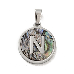 Letter N 304 Stainless Steel with Paua Shell Pendants, Stainless Steel Color, Flat Round with Letter Charm, Letter.N, 18x16x1.5mm, Hole: 3x6mm