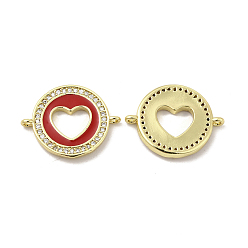 Red Brass Micro Pave Clear Cubic Zirconia Connector Charms, with Enamel, Flat Round with Heart Links, Real 18K Gold Plated, Red, 14.5x19x2.5mm, Hole: 1mm