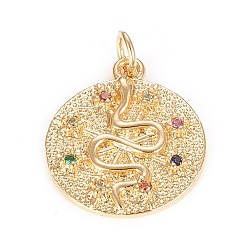 Real 18K Gold Plated Brass Micro Pave Cubic Zirconia Pendants, Flat Round with Snake, Colorful, Real 18K Gold Plated, 20x17x2mm, Hole: 3mm, Jump Ring: 5x0.8mm