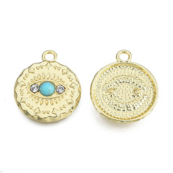 Light Gold Rack Plating Alloy Pendants, with Crystal Rhinestone and Synthetic Turquoise, Flat Round with Horse Eye, Cadmium Free & Nickel Free & Lead Free, Light Gold, 21.5x18x4mm, Hole: 2.2mm