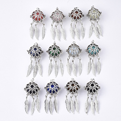 Mixed Color Alloy Cage Big Pendants, Hollow Round, with Synthetic Mixed Stone Round Beads, Antique Silver, Woven Net/Web with Feather, Mixed Color, 57~58x24x20.5mm, Hole: 8.5x3.5mm, Inner Diameter: 17mm, Bead: 15.5~16mm