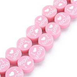 Pink Handmade Polymer Clay Bead Strands, Mother's Day Theme, Flat Round with Word I Love MOM, Pink, 8x4mm, Hole: 1.4mm, about 40pcs/strand, 13.58 inch~ 14.37 inch(34.5cm~36.5cm)