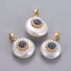 Blue Natural Cultured Freshwater Pearl Pendants, with Brass Micro Pave Cubic Zirconia Findings, Nuggets with Flower, Long-Lasting Plated, Golden, Blue, 17~27x12~16x6~12mm, Hole: 4x2.5mm