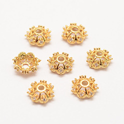 Real 18K Gold Plated Long-Lasting Plated Brass Micro Pave Grade AAA Cubic Zirconia Fancy Bead Caps, Flower, Multi-Petal, Cadmium Free & Nickel Free & Lead Free, Real 18K Gold Plated, 8x3mm, Hole: 2mm