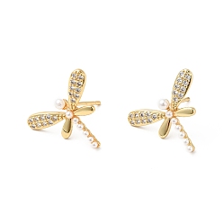 Real 18K Gold Plated Rack Plating Brass Micro Pave Clear Cubic Zirconia Stud Earrings for Women, with Acrylic Beads, Cadmium Free & Lead Free, Dragonfly, Real 18K Gold Plated, 16x19.5mm, Pin: 0.9mm