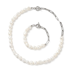 Color de Acero Inoxidable Collar y pulsera de perlas barrocas naturales con 304 cadenas de clips de acero inoxidable, conjuntos de joyas para mujeres, color acero inoxidable, 185 mm, 448 mm