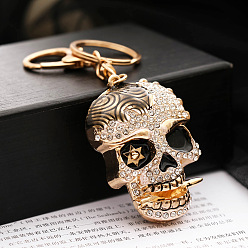 Black Alloy Rhinestone Pendant Keychain, with Alloy Key Rings and Lobster Claw Clasps, Long-Lasting Plated, Skull, Black, Pendant: 6x4.5cm