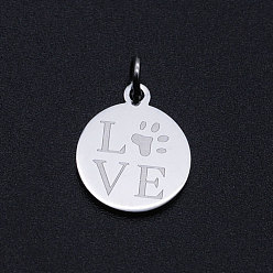 Stainless Steel Color 201 Stainless Steel Pet Charms, with Jump Rings, Flat Round with Dog Paw Prints & Word Love, Stainless Steel Color, 14.5x12x1mm, Hole: 3mm