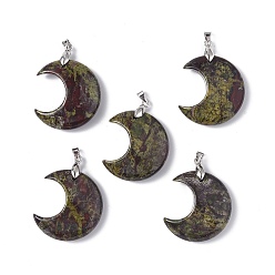 Dragon Blood Natural Dragon Blood Jasper Pendants, Moon Charms, with Platinum Tone Brass Findings, 35x27x10mm, Hole: 10x4mm