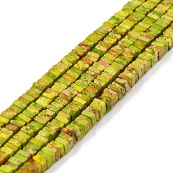 Amarillo de Verde Hilos de cuentas de jaspe imperial natural, teñido, plaza, verde amarillo, 4~4.5x4~4.5x2 mm, agujero: 0.5 mm, sobre 194 unidades / cadena, 15.75'' (40 cm)