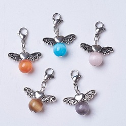 Mixed Color Cat Eye Pendants, with 304 Stainless Steel Lobster Claw Clasps and Alloy Beads, Round with Wing, Antique Silver & Stainless Steel Color, Mixed Color, 33mm