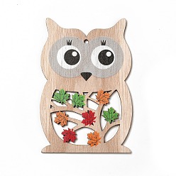 Chouette Grands pendentifs en bois imprimé simple face, charmes d'automne avec feuille d'érable, chouette, 130x87x3mm, Trou: 4mm