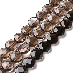 Smoky Quartz Natural Smoky Quartz Beads Strands, Flat Round, Faceted, 10x4mm, Hole: 1mm, about 39pcs/strand, 15.55 inch(39.5cm)