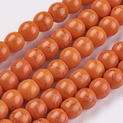 Оранжево-Красный Синтетических нитей бирюзовые бусы, окрашенные, круглые, оранжево-красный, 6 мм, отверстие : 1.2 мм, около 67 шт / нитка, 15.75 дюйм