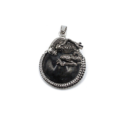 Labradorite Natural Black Labradorite Pendants, Flat Round Charms with Skeleton, with Antique Silver Plated Metal Findings, 40x35mm