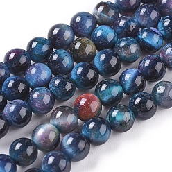 Marine Blue Natural Tiger Eye Beads Strands, Dyed & Heated, Round, Marine Blue, 6mm, Hole: 1mm, about 60pcs/strand, 14.3 inch(36.5cm)
