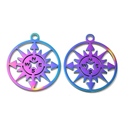 Rainbow Color Ion Plating(IP) 304 Stainless Steel Pendants, Flat Round with Compass Charm, Rainbow Color, 27x24x1mm, Hole: 2.2mm