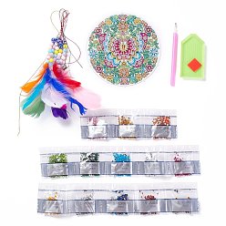 Butterfly DIY Diamond Painting Hanging Woven Net/Web with Feather Pendant Kits, Including Acrylic Plate, Pen, Tray, Feather and Bells, Wind Chime Crafts for Home Decor, Butterfly Pattern, 400x146mm