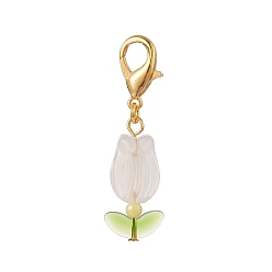 Yellow Green Tulip Opaque Acrylic & Glass Leaf Pendants Decorations, with Zinc Alloy Lobster Claw Clasps, Yellow Green, 46mm