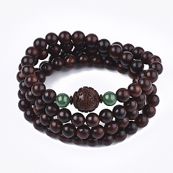 Coconut Brown Feng Shui 4-Loop Wrap Style Buddhist Jewelry, Sandalwood Mala Bead Bracelets, with Jade Beads, Stretch Bracelets, Round, Pixiu, Coconut Brown, 32.2 inch(82cm)
