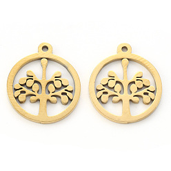 Golden Vacuum Plating 304 Stainless Steel Pendants, Laser Cut, Round Ring with Tree, Golden, 17x15x1mm, Hole: 1.2mm