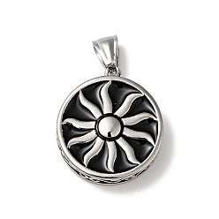 Stainless Steel Color 316 Surgical Stainless Steel Enamel Pendants, with 304 Stainless Steel Snap on Bails, Flat Round with Sun, Stainless Steel Color, 29.5x26x7mm, Hole: 8x4mm